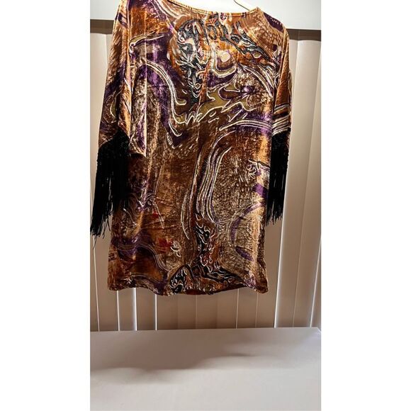 COTTON CLUB BROWN VELOUR PAISLEY SHIRT FRINGE SLEEVES SIZE 10 NEW - Picture 7 of 12
